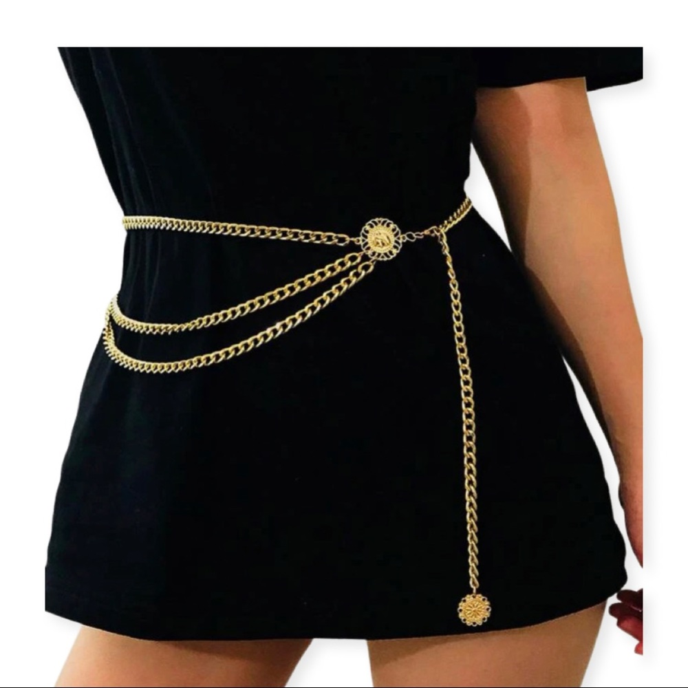 Gold Chain Waist Belt with Decorative Medallions - Women Accessories